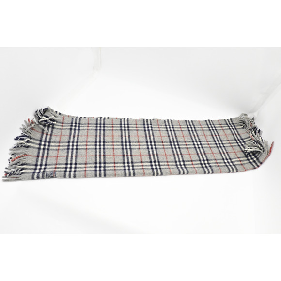 Burberry Scarf Muffler Gray Check Navy and Red Women Men Authentic Wool - Picture 8 of 8